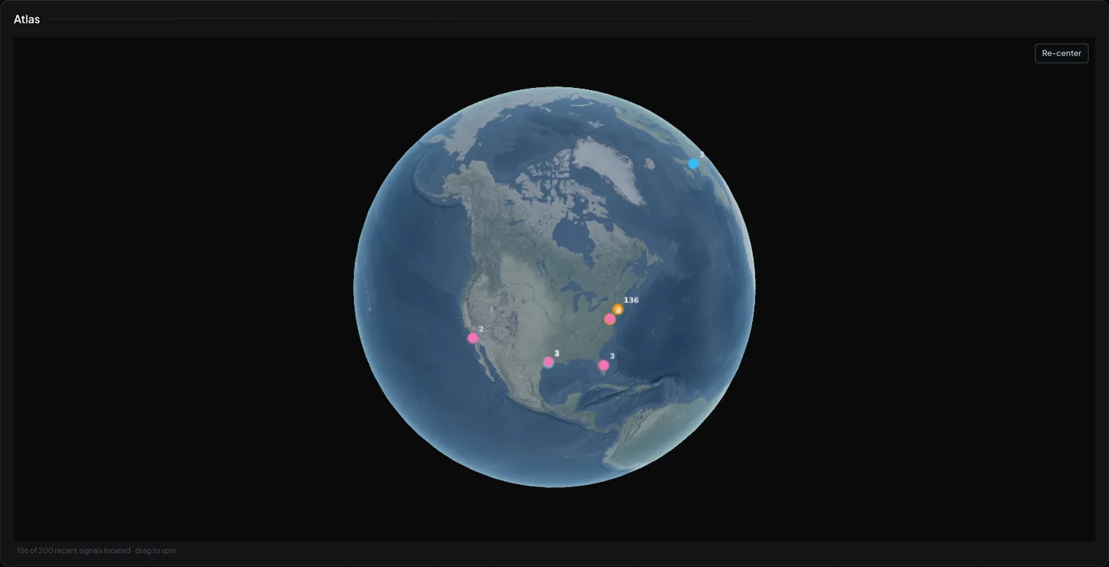 The Visor Atlas widget: a 3D globe on black with clustered SOOS signal markers pinned to their locations